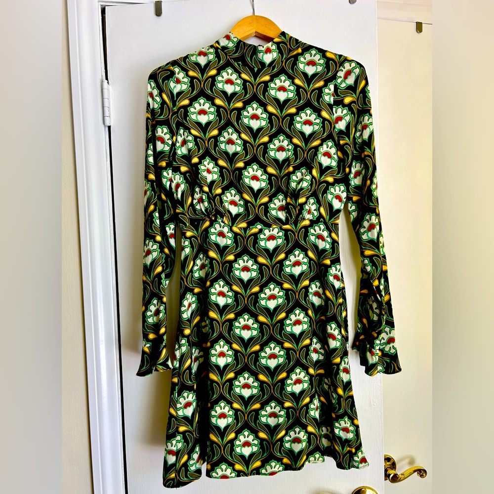Mango MNG Green Black Retro Print Mock Neck Long Sleeve Dress, sz 4 Like new